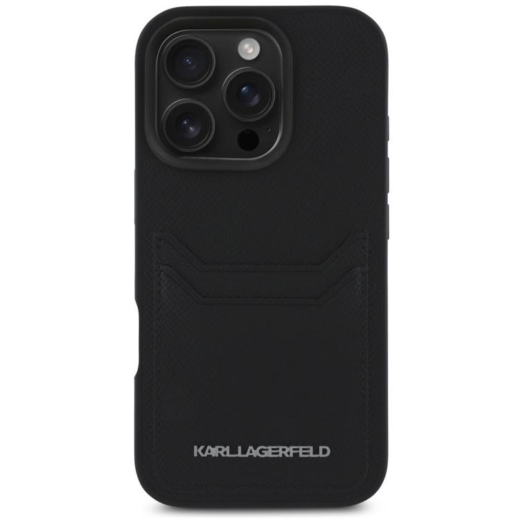 Karl Lagerfeld HC Grained PU CardSlot Metal Elong -suojakuori iPhone 16 Pro Maxille, musta
