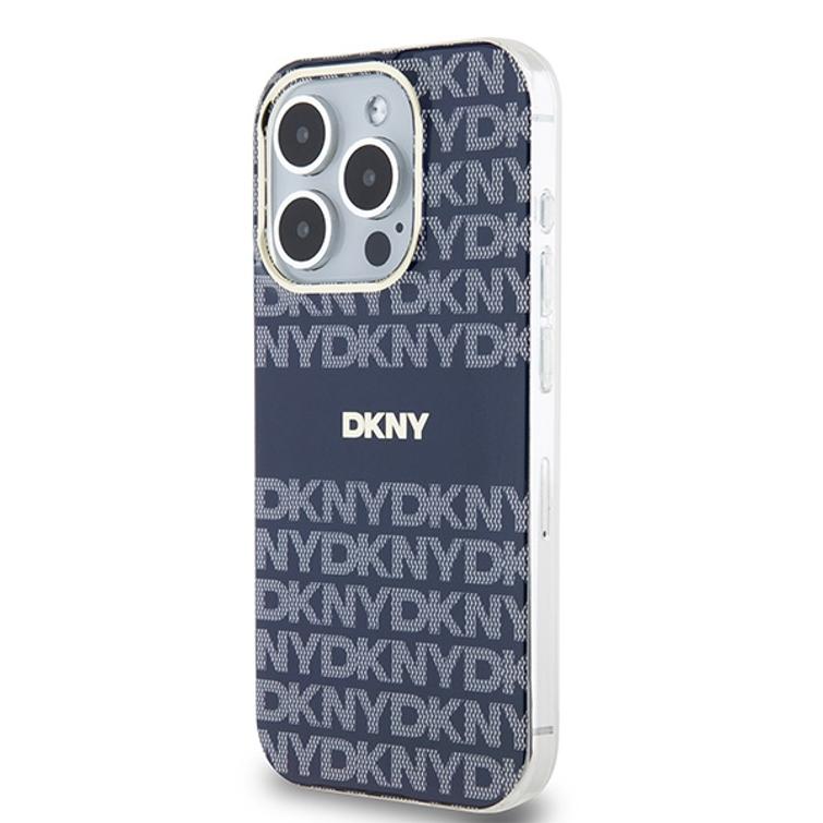 DKNY iPhone 15 Pro 6,1" -puhelimen suojakuori DKHMP15LHRHSEB, nilkkareunainen, HC Magsafe -pintakuvioitu, toistuva kuvio ja raidat.