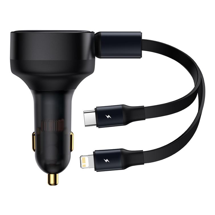 Baseus autolaturi Enjoyment sis&auml;&auml;nvedett&auml;v&auml; 2w1 30W musta, mukana kaapeli 1x USB-C ja 1x Lightning