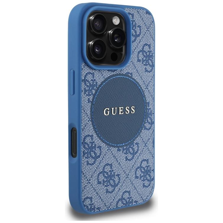 Guess HC MagSafe PU 4G Circle -suojakuori klassisella logolla iPhone 16 Pro Maxille, sininen