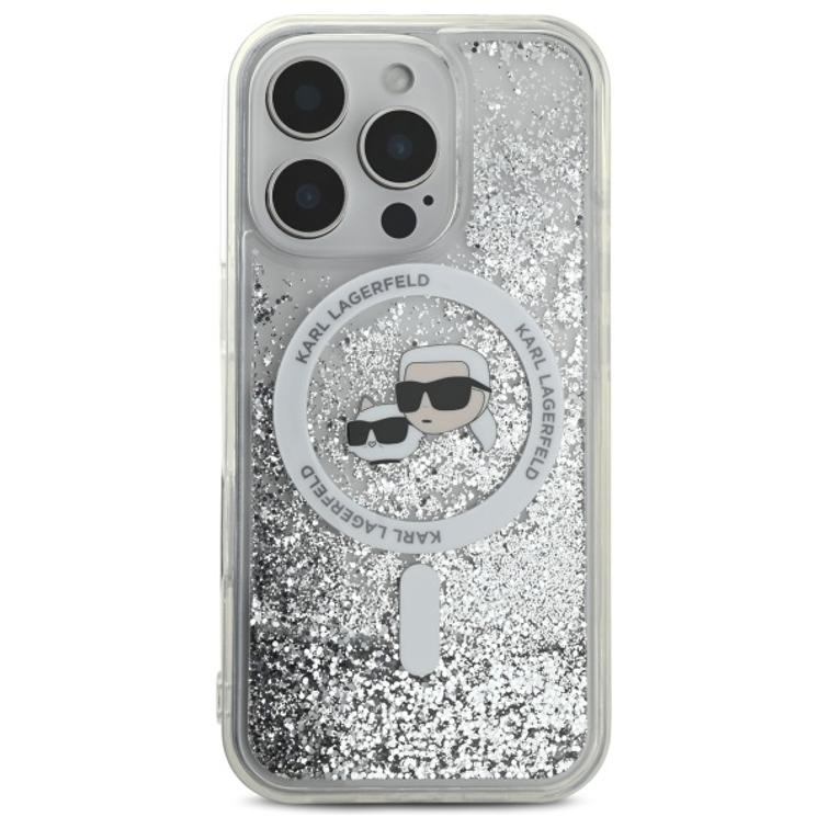 Karl Lagerfeld -suojakuori iPhone 16 Pro Max 6,9":lle. KLHMP16XLGKCSGH -l&auml;pin&auml;kyv&auml;, kovaa nestem&auml;ist&auml; glitteri&auml;, Karl&Choupette Head MagSafe -kalvolla.