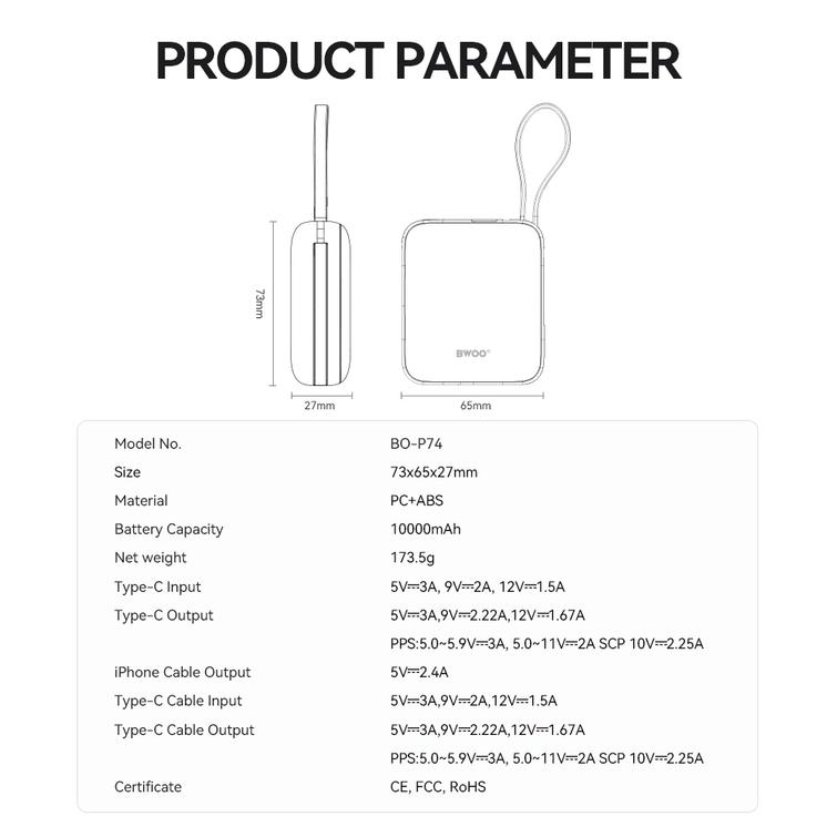 BWOO-varavirtalähde P74 22,5 W 10 000 mAh kahdella sisäänrakennetulla kaapelilla, 1 x USB-C ja 1 x Lightning, musta