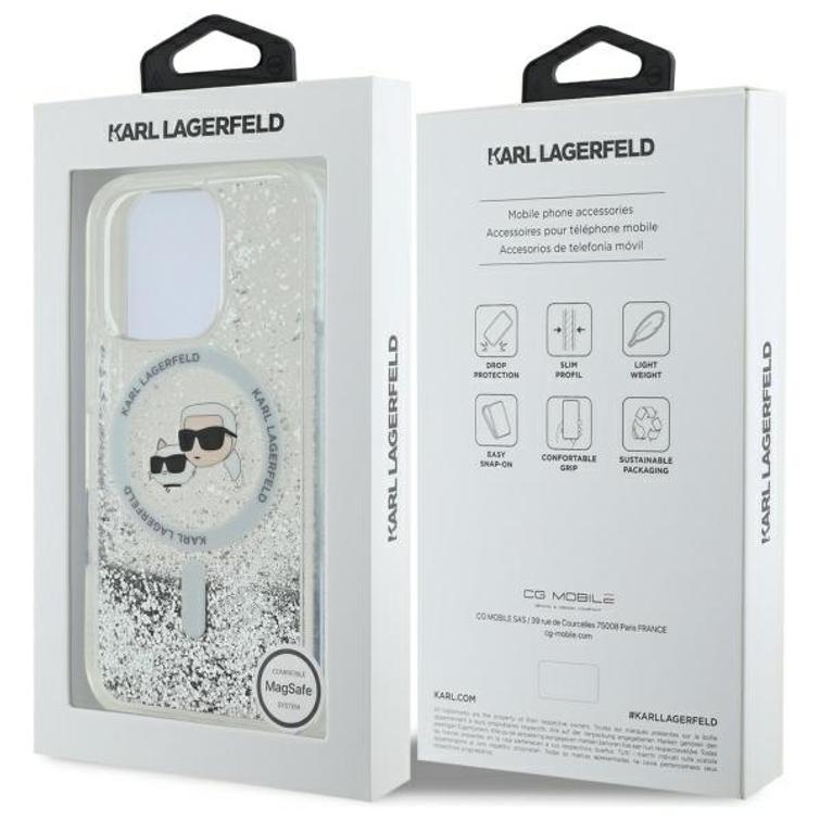 Karl Lagerfeld -suojakuori iPhone 16 Pro Max 6,9":lle. KLHMP16XLGKCSGH -läpinäkyvä, kovaa nestemäistä glitteriä, Karl&Choupette Head MagSafe -kalvolla.