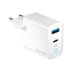 Forever TC-06-33AC GaN PD QC laturi 1x USB-C 1x USB 33W valkoinen