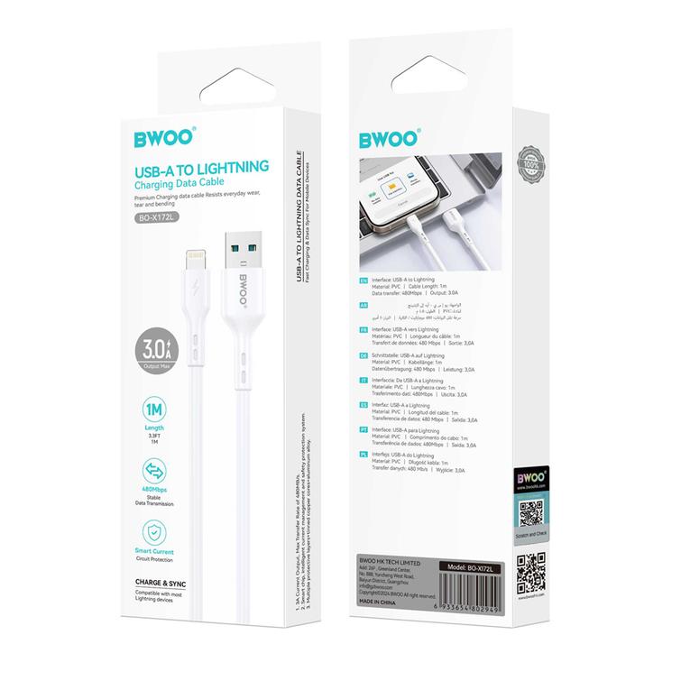 BWOO USB-kaapeli - Lightning 1m 3A Valkoinen X172L