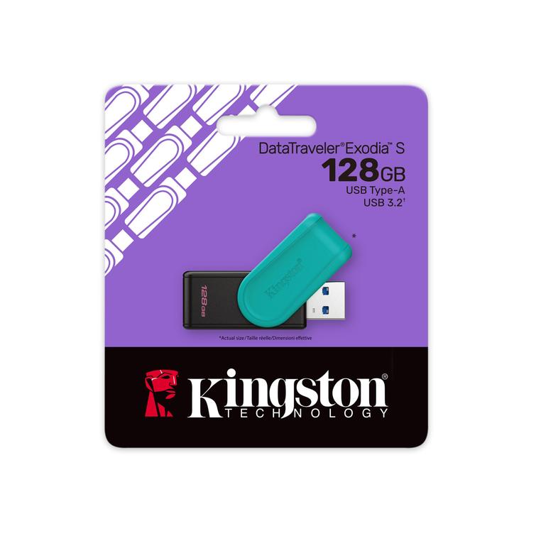 Kingston 128GB kannettava USB 3.2 Gen 1 DataTraveler Exodia S -muistitikku (musta/turkoosi)
