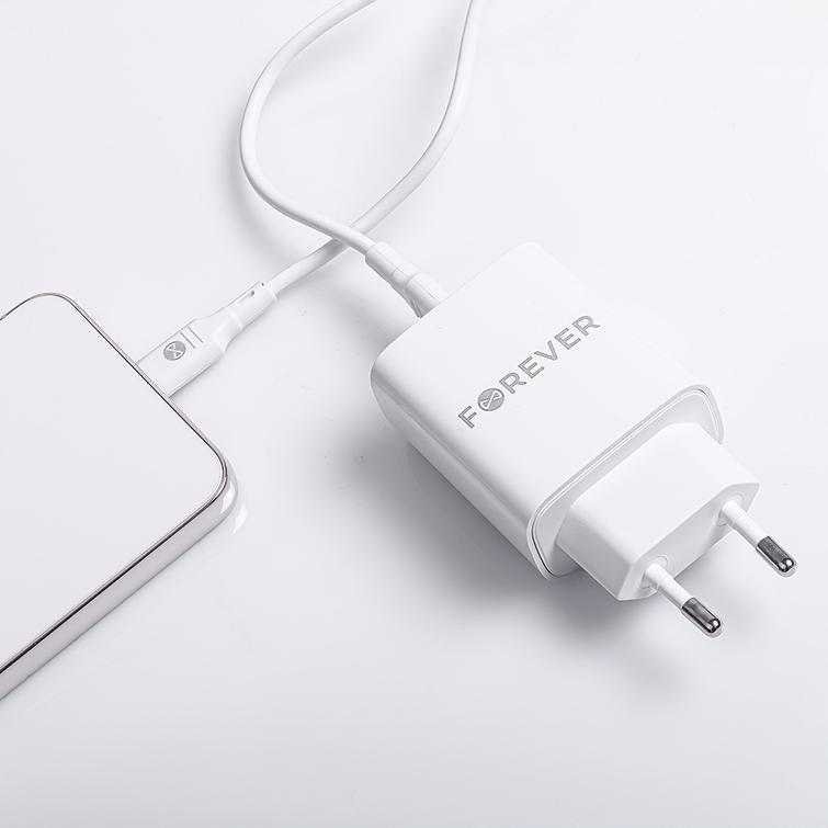 Forever TC-07-30AC PD QC laturi 1x USB-C 1x USB 30W valkoinen + USB-C - USB-C kaapeli 60W