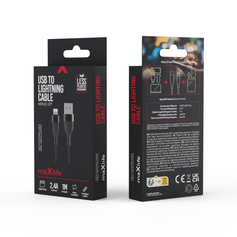 Maxlife MXUC-07 USB-kaapeli - Lightning 1,0 m 2,4A musta nailon