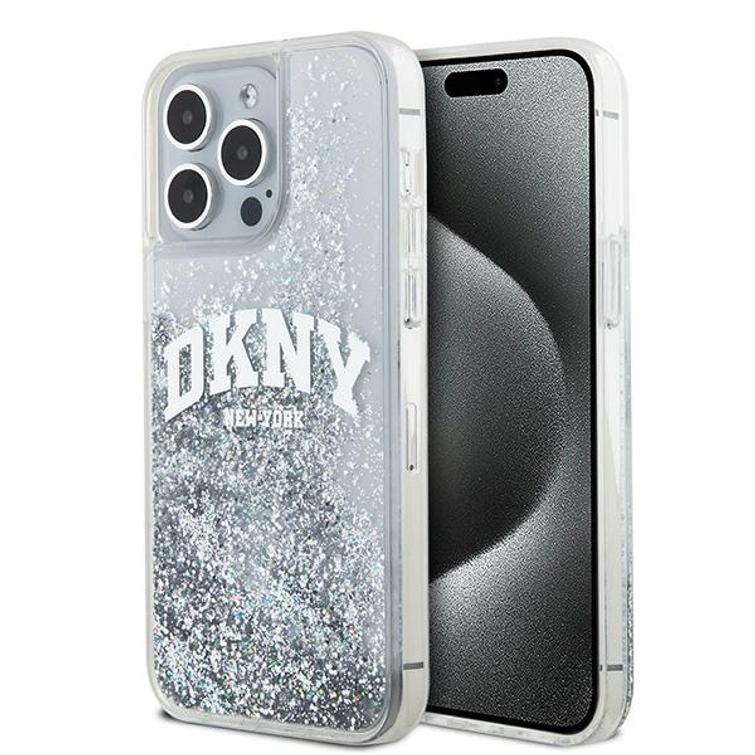 DKNY-suojakuori iPhone 15 Pro Max 6,7":lle DKHCP15XLBNAET, valkoiset HC-nestekimalteet ja kaarilogo.