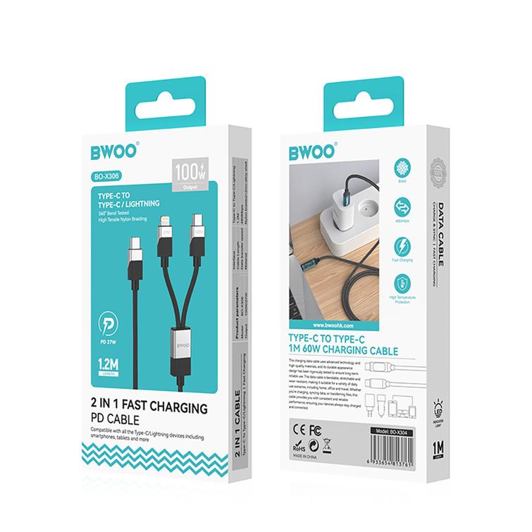 BWOO Punottu 2-in-1 -kaapeli USB-C - USB-C ja Lightning 1m 100W/27W musta