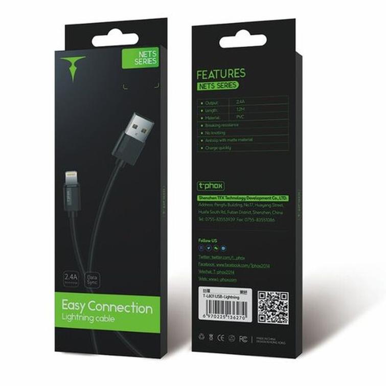 T-PHOX CABLE NETS LIGHTNING BLACK 3A ; PVC ; 2M