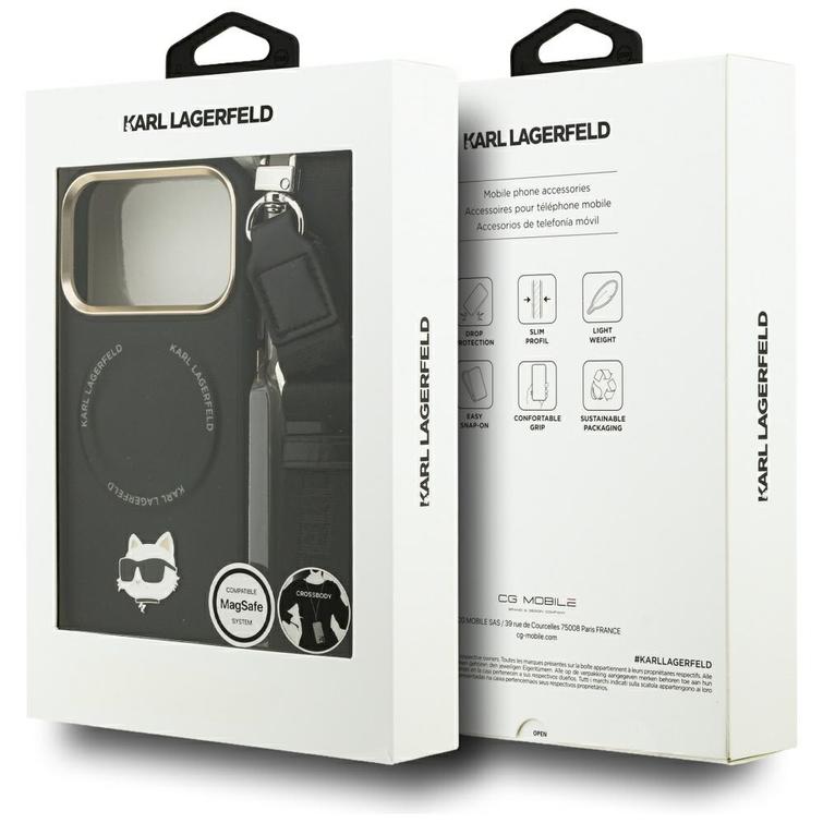 Karl Lagerfeld Big Strap Choupette Metal Logo MagSafe -kotelo iPhone 17 Pro Maxille, musta