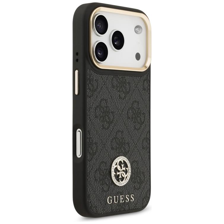 Guess 4G Strass Logo & Big Strap Metal Buttons MagSafe -kotelo iPhone 17 Prolle, musta