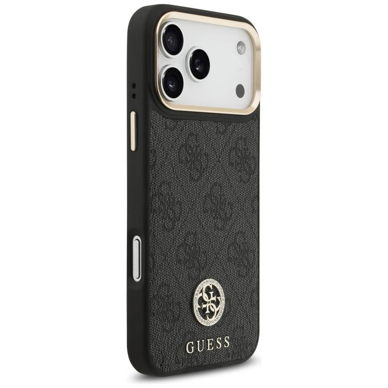 Guess 4G Srtass -logolla ja isolla hihnalla, metallinapeilla varustettu MagSafe-suojakuori iPhone 17 Pro Maxille, musta