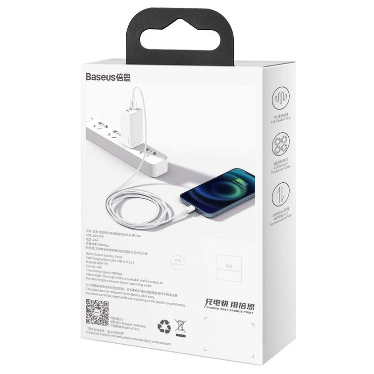 Baseus Superior USB - Lightning -kaapeli 2,0 m 2,4A valkoinen