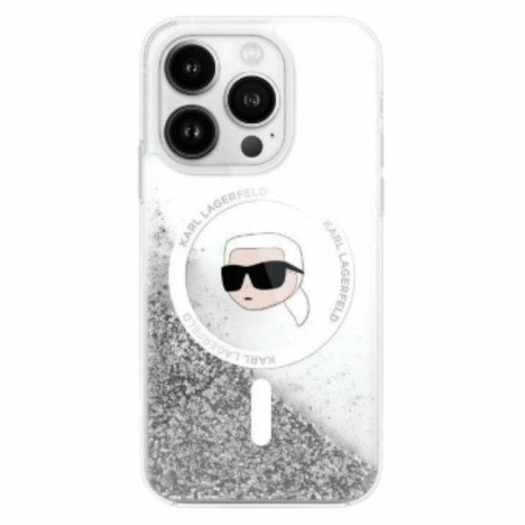 Karl Lagerfeld -suojakuori iPhone 16 Pro 6,3":lle. KLHMP16LLGKISGH -l&auml;pin&auml;kyv&auml; kova nestem&auml;inen glitteri Karl Head MagSafe -kalvolla.