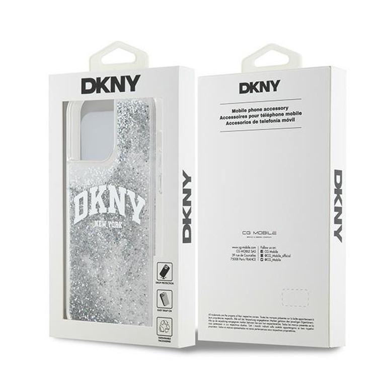 DKNY-suojakuori iPhone 15 Pro Max 6,7":lle DKHCP15XLBNAET, valkoiset HC-nestekimalteet ja kaarilogo.
