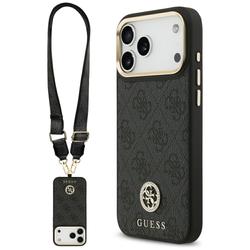 Guess 4G Srtass -logolla ja isolla hihnalla, metallinapeilla varustettu MagSafe-suojakuori iPhone 17 Pro Maxille, musta