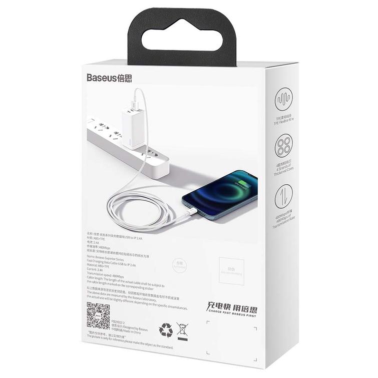 Baseus Superior USB - Lightning -kaapeli 1,5 m 2,4A valkoinen