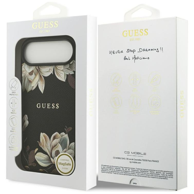 Guess Grained Flowers Classic Logo MagSafe -suojakuori iPhone Airille, musta