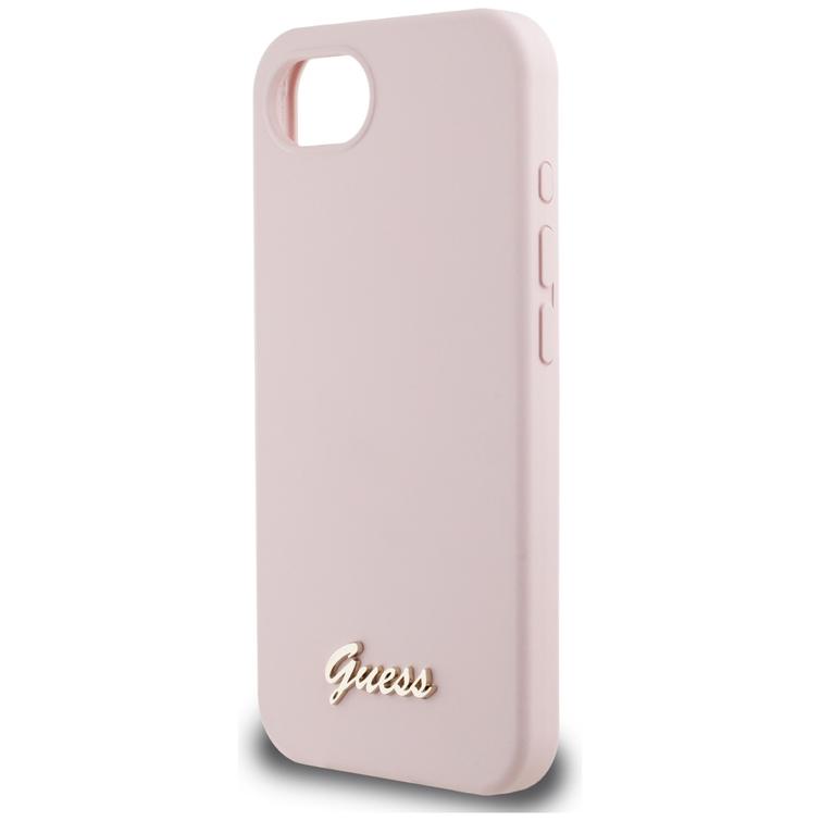 Guess HC Silicone Script Metal Logo -suojakuori iPhone 16e:lle, pinkki