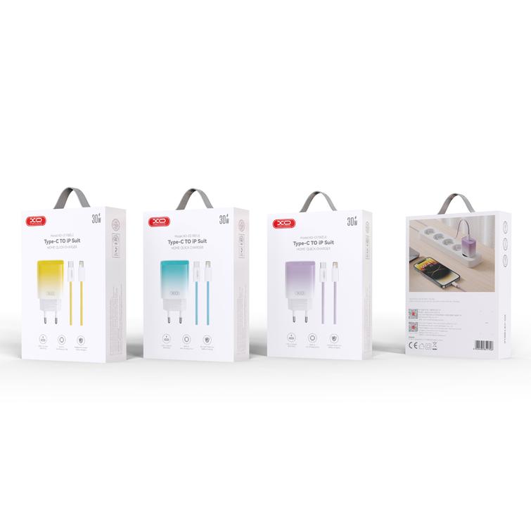 XO sein&auml;laturi CE18 PD 30W 1x USB-C kelta-valkoinen + USB-C-kaapeli - Lightning