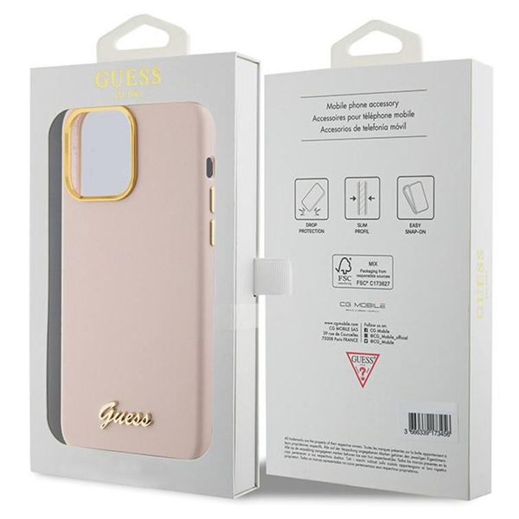 Guess iPhone 15 Pro 6,1" suojakuori GUHCP15LSMBSLP pinkki HC SILICONE SCRIPT METAL LOGO & FRAME