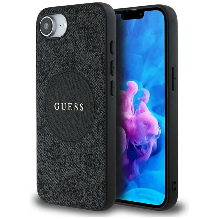 Guess HC MagSafe PU 4G Circle -suojakuori klassisella logolla iPhone 16e:lle, musta
