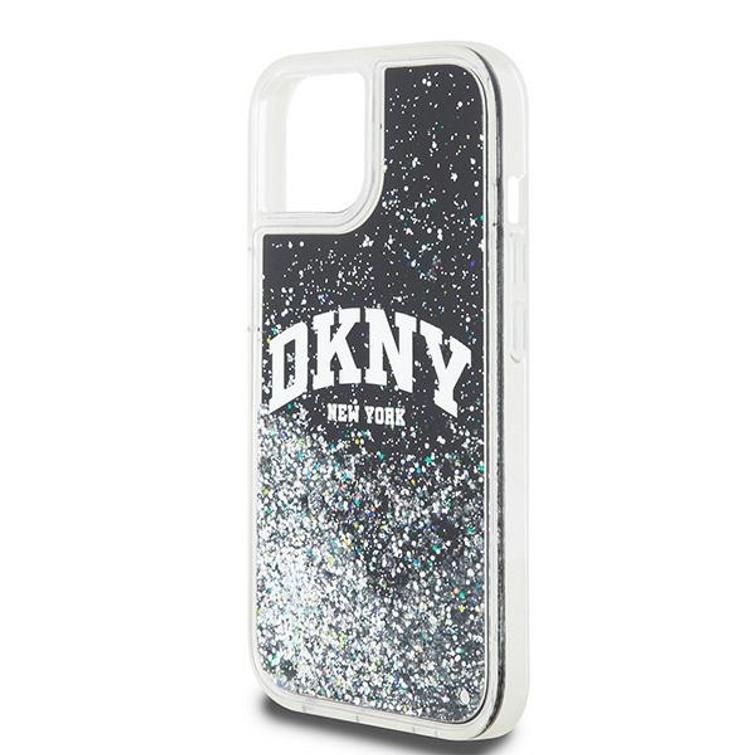 DKNY iPhone 15 6,1" -puhelimen kuoret, mustat nestekimalleilla ja kaarilogolla. DKNY DKHCP15SLBNAEK -kotelo.