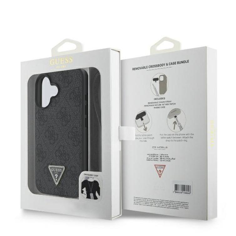 Guess iPhone 16 6,1" nahkakotelo, metallilogolla ja strassilla koristeltu olkapääsuoja, musta