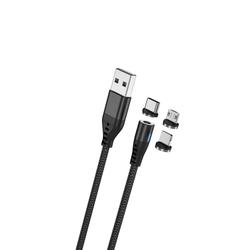 Maxlife MXUC-02 magneettikaapeli USB - Lightning + USB-C + microUSB 1,0 m 2A musta nailon