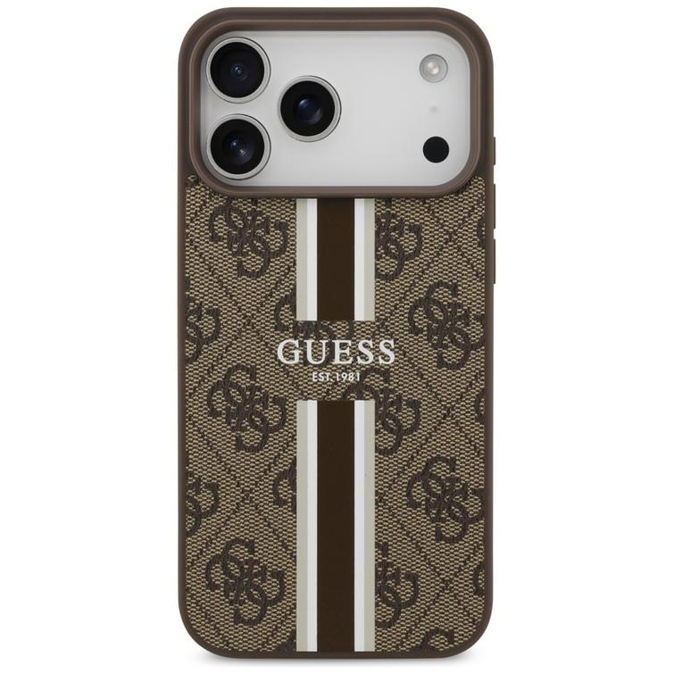 Guess 4G Printed Stripes MagSafe -kotelo iPhone 17 Pro Maxille, ruskea