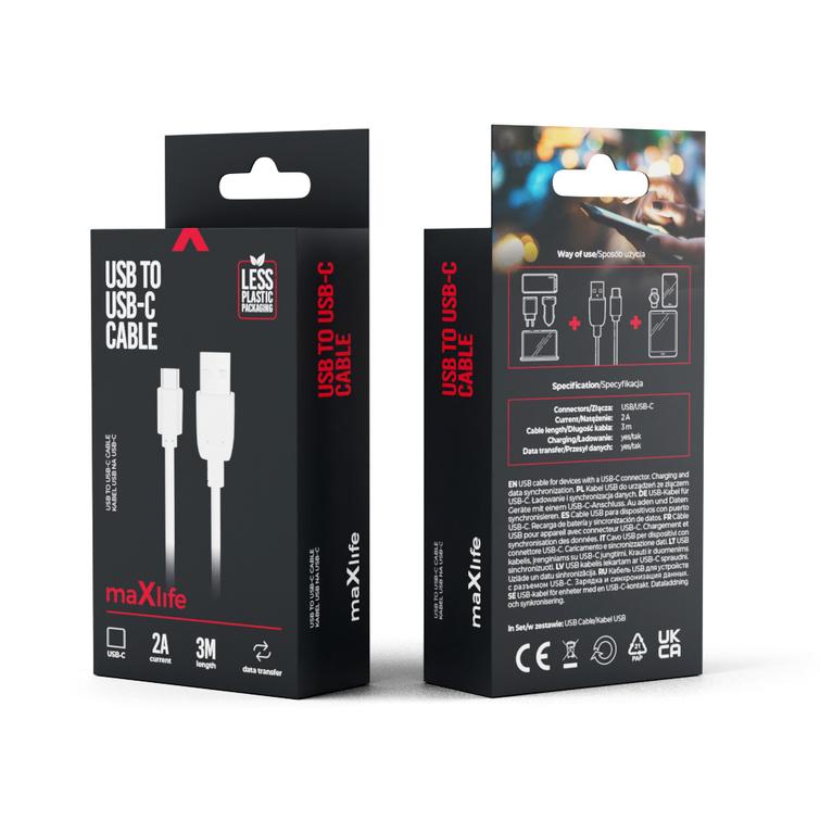 Maxlife-kaapeli USB - USB-C 3,0 m 2A valkoinen