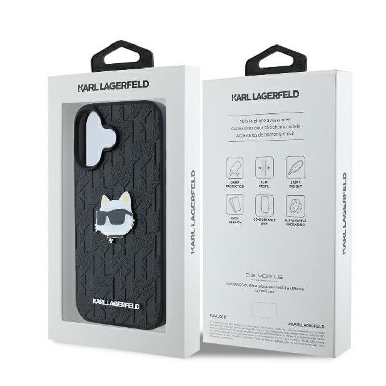Karl Lagerfeld iPhone 16 6,1" -puhelimen kuoret, KLHCP16SPGKLCHPK, musta, kova monogrammikuvioinen Choupette-kuvioinen neulapää.