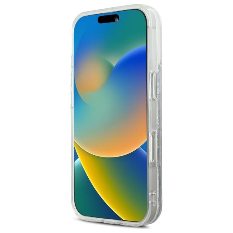 Karl Lagerfeld -suojakuori iPhone 16 Pro Max 6,9":lle. KLHMP16XLGKCSGH -läpinäkyvä, kovaa nestemäistä glitteriä, Karl&Choupette Head MagSafe -kalvolla.