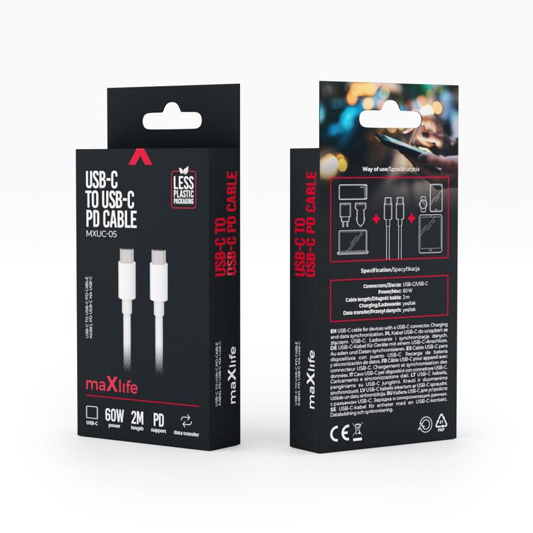 Maxlife MXUC-05 kaapeli USB-C - USB-C 2,0 m 60W valkoinen