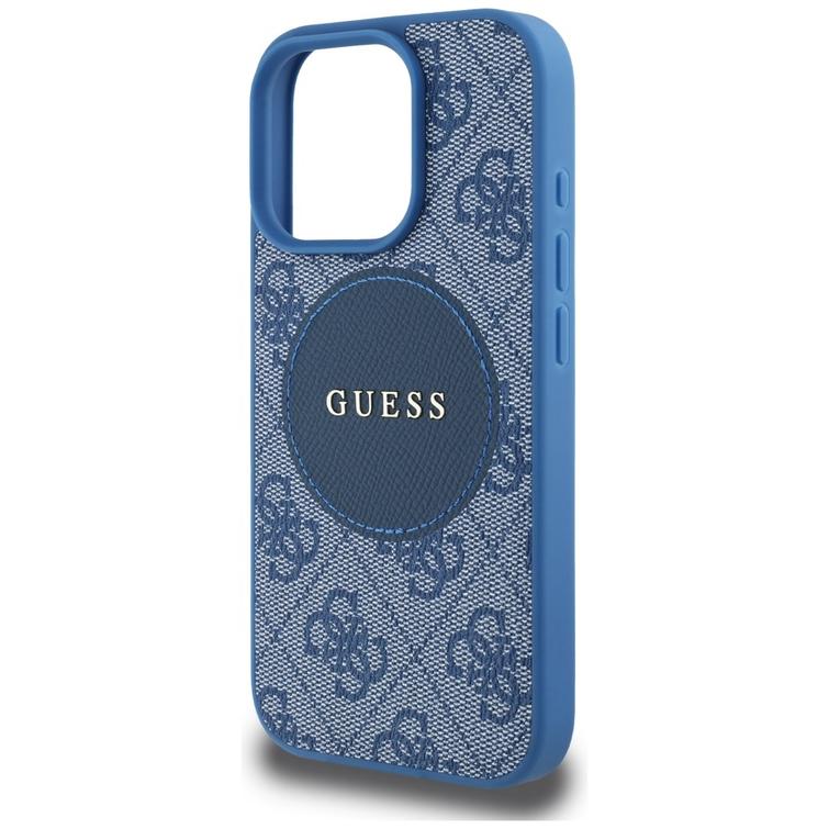 Guess HC MagSafe PU 4G Circle -suojakuori klassisella logolla iPhone 16 Pro Maxille, sininen