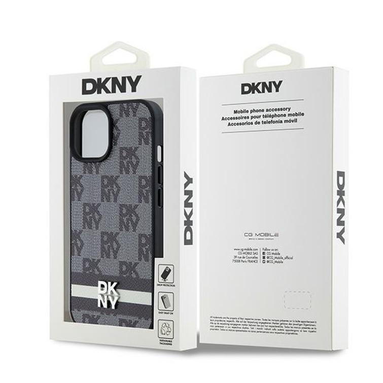 DKNY iPhone 15 Plus 6,7" -puhelimen suojakuori DKHCP15MPCPTSSK, musta, HC PU -ruutukuvio ja painetut raidat.