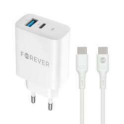 Forever TC-07-30AC PD QC laturi 1x USB-C 1x USB 30W valkoinen + USB-C - USB-C kaapeli 60W