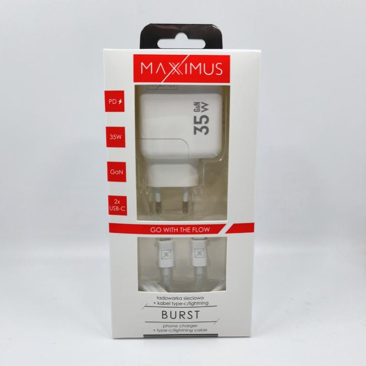 WALL CHARGER MX BURST GaN PD 35W, 2xUSB-C + C/LIGHTNING PD CABLE 20W  WHITE