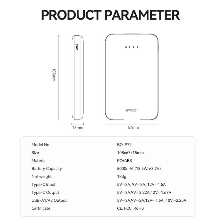BWOO-varavirtalähde P72 QC 22.5W PD 20W 5000 mAh, jossa 2 x USB-A-porttia ja 1 x USB-C-portti, musta