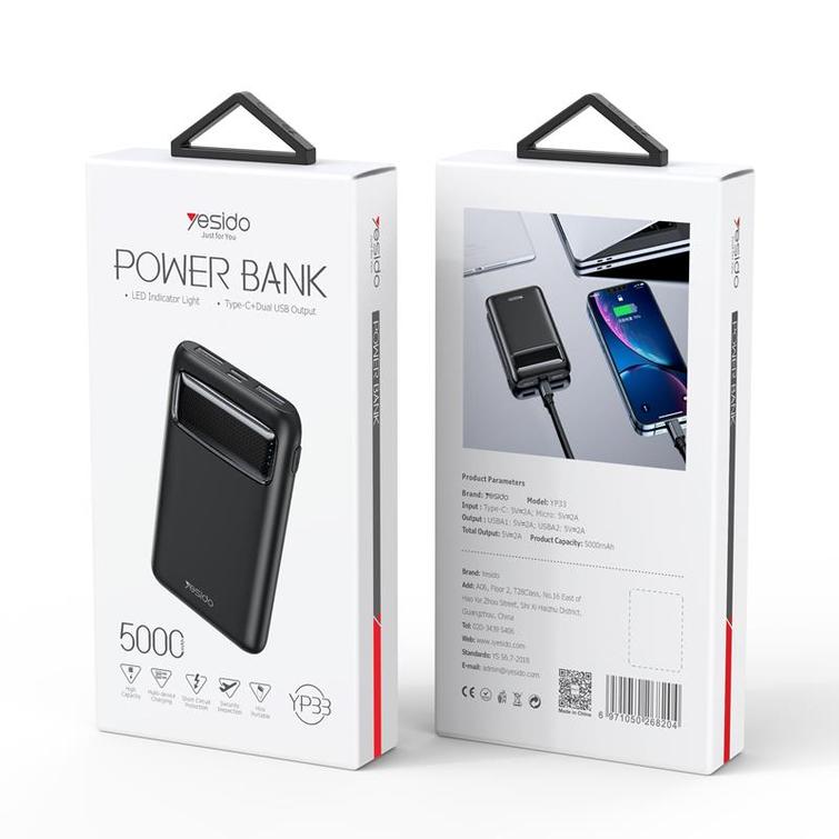 yesido Powerbank YP33 5 000 mAh LED,  2xUSB-A + USB-C BLACK