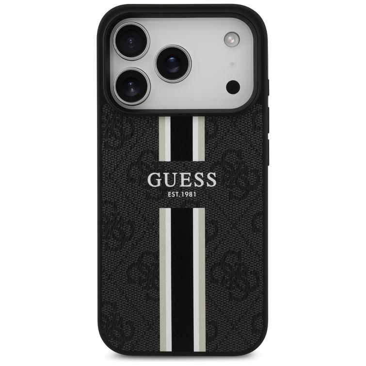 Guess 4G Printed Stripes MagSafe -suojakuori iPhone 17 Prolle, musta