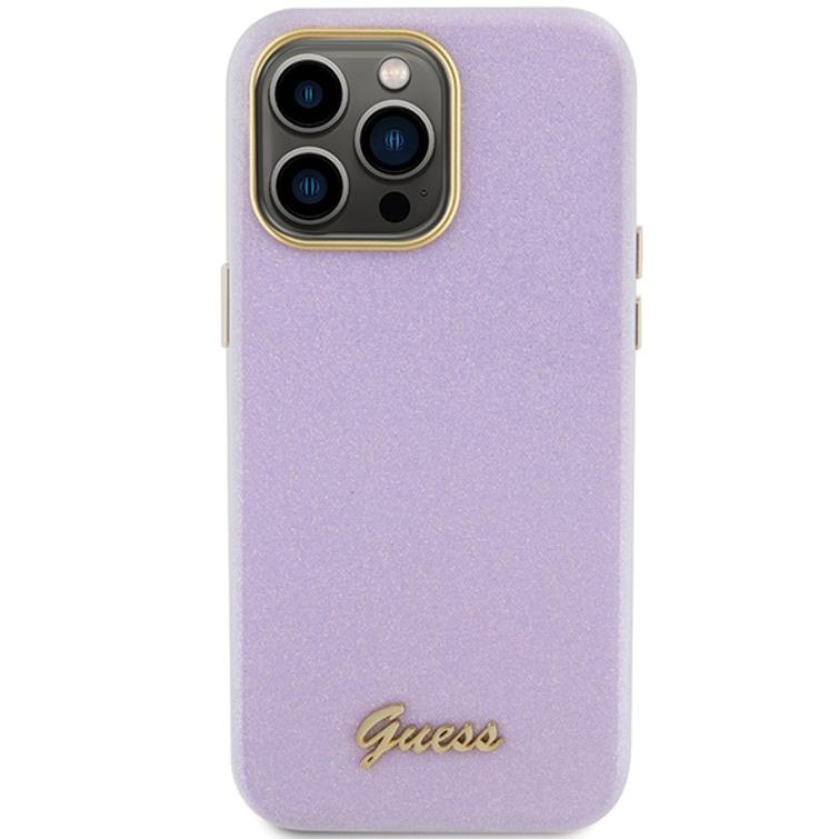 Guess iPhone 15 Pro Max 6,7" -puhelimen kuoret GUHCP15XPGMCSL liilaa kovakuori Glitter Glossy Script -kuviolla.