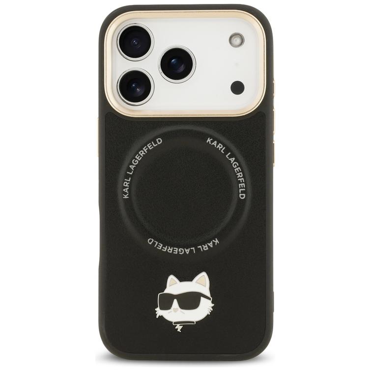 Karl Lagerfeld Big Strap Choupette Metal Logo MagSafe -kotelo iPhone 17 Pro Maxille, musta