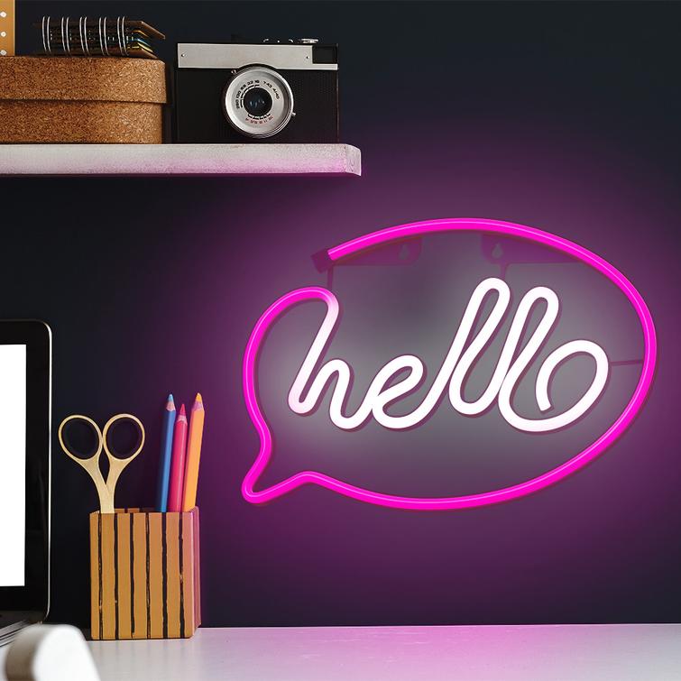 Neon LED-valo HELLO pinkki valkoinen lepakko + USB FLNE15 Forever Light