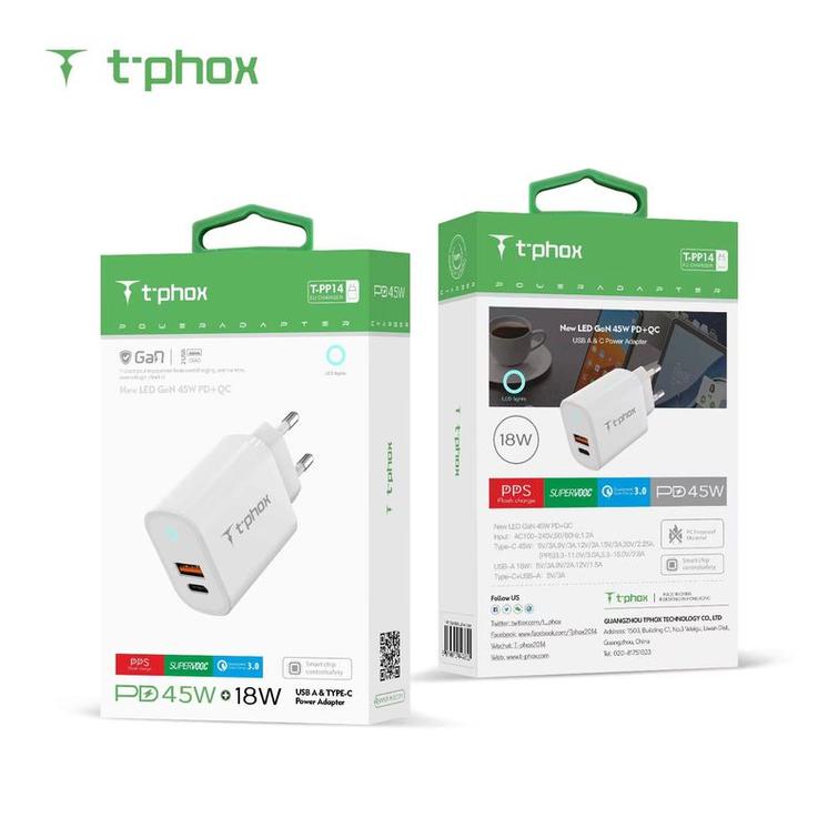 WALL CHARGER T-PHOX GLORY 45W USB/USB-C WHITE