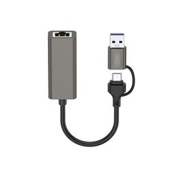 XO-sovitin HUB HUB018 2w1 USB-USB-C - RJ45 harmaa