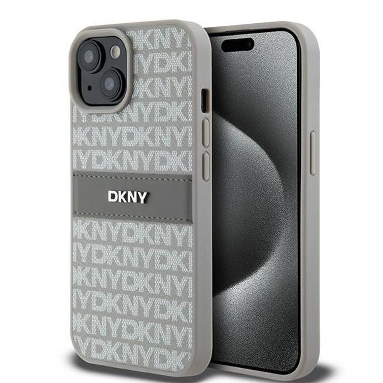 DKNY iPhone 15 Plus 6,7" -puhelimen kuori DKHCP15MPRTHSLE, beige HC PU -kuvioitu toistuva kuvio ja s&auml;vyinen raita.