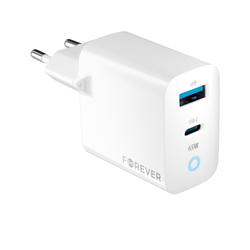 Forever TC-06-65AC GaN PD QC laturi 1x USB-C 1x USB 65W valkoinen